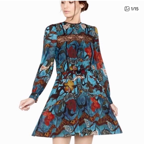 Alice + Olivia Dresses & Skirts - ALICE & OLIVIA blue floral Aimee lace trim silk dress